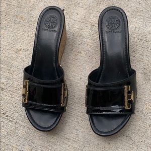 Tory Burch black patent leather wedges, size 9